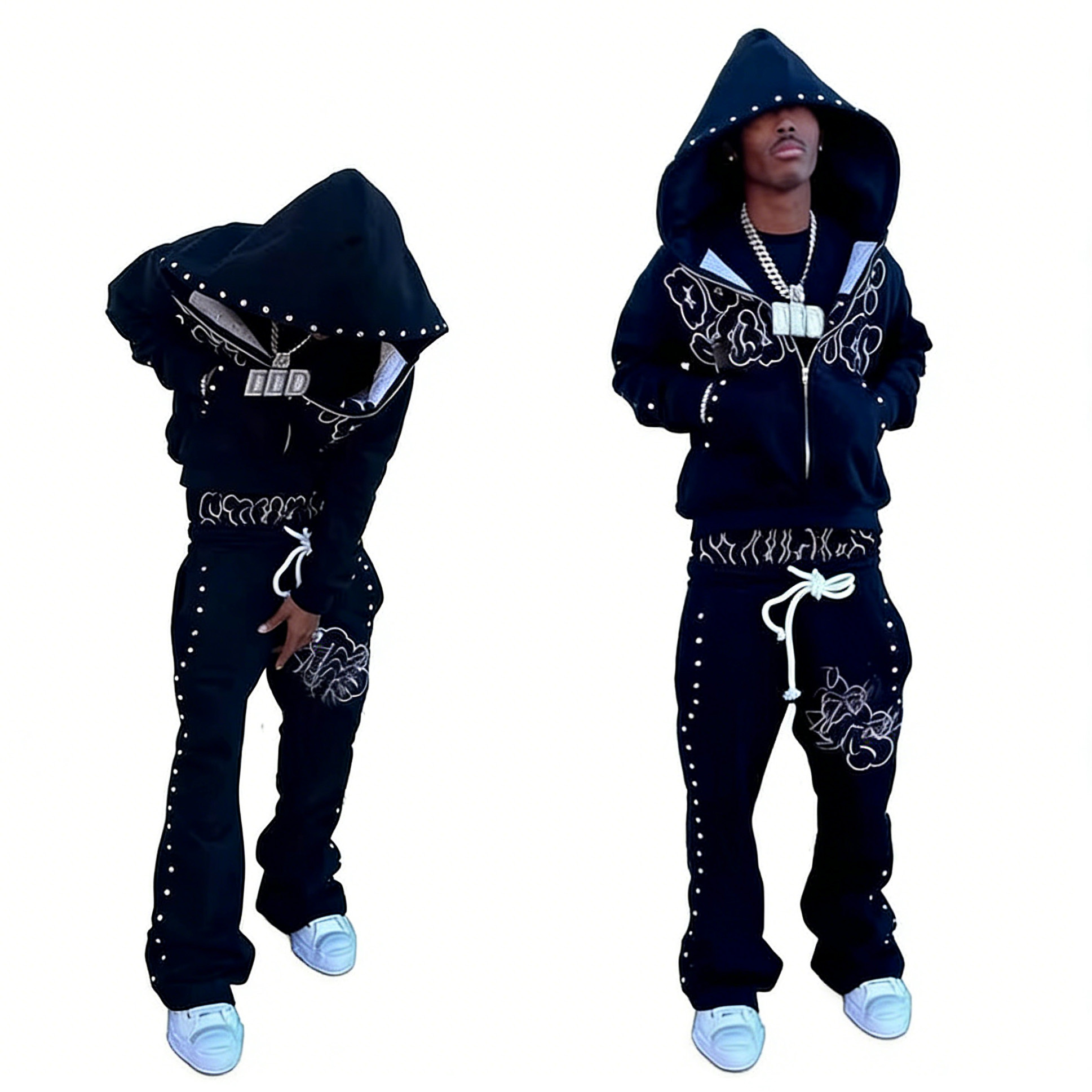 Men Rhinestone Track Suits Wholesale Rhinestone French Terry Sweatsuit Acid Wash Flared Sweatpants ...
